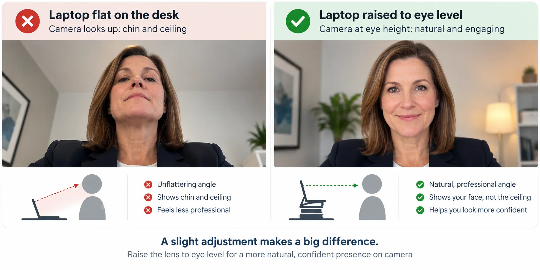 Side-by-side comparison of webcam height. Left, a laptop flat on the desk: the camera looks up at the presenter's chin and the ceiling, an unflattering angle. Right, the laptop raised to eye level on a stack of books: the camera sits at eye height and shows a natural, engaging head-and-shoulders view. Caption: a slight adjustment makes a big difference.