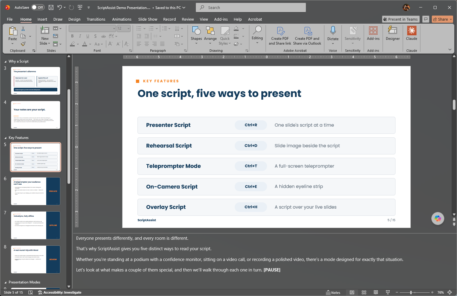 PowerPoint in Normal view with the Notes pane open below the slide. The slide is what the audience sees; the speaker notes in the pane below are what only the presenter sees.