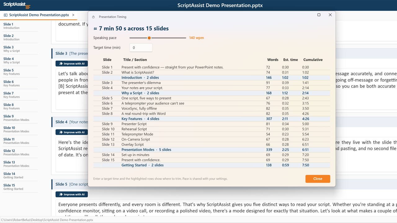 ScriptAssist Presentation Timing window showing word count, estimated time, section subtotals, cumulative timing, and target presentation length by slide.