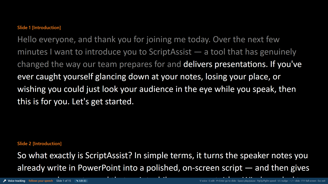 ScriptAssist's scrolling teleprompter script that follows your voice automatically