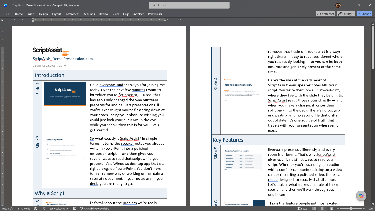 A ScriptAssist script exported to a Word document, ready for review with tracked changes